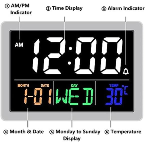 Digital Alarm Clock 5.5" Large LED Time Display Adjustable Alarm Volume Calendar - Picture 4 of 6